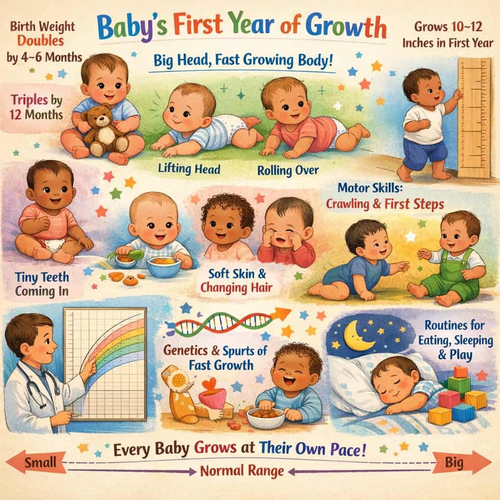 Infographic showing baby’s first year growth milestones including weight gain, motor skills, teething, and emotional development
