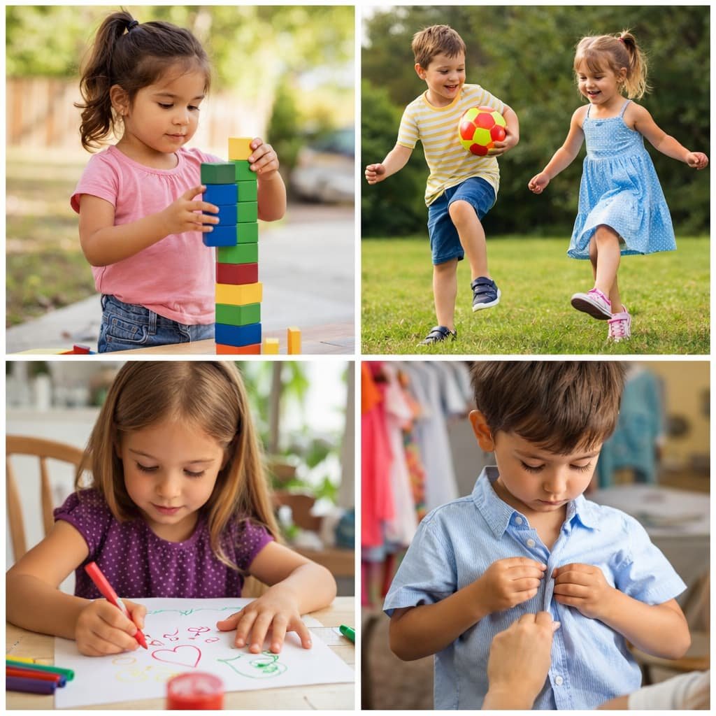 Collage of preschool children aged 3–5 showing early childhood development, including stacking blocks, playing with a ball, drawing, and learning to dress independently.